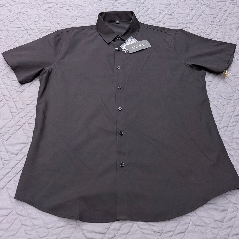 URRU Button Up Shirt Mens Short Sleeve Black Casual Dress NEW